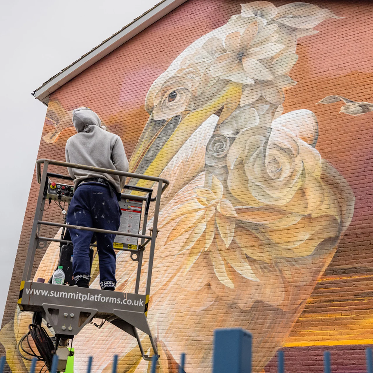 Curtis Hylton’s floral pelican mural in Portsmouth, with a painter working from a raised platform.